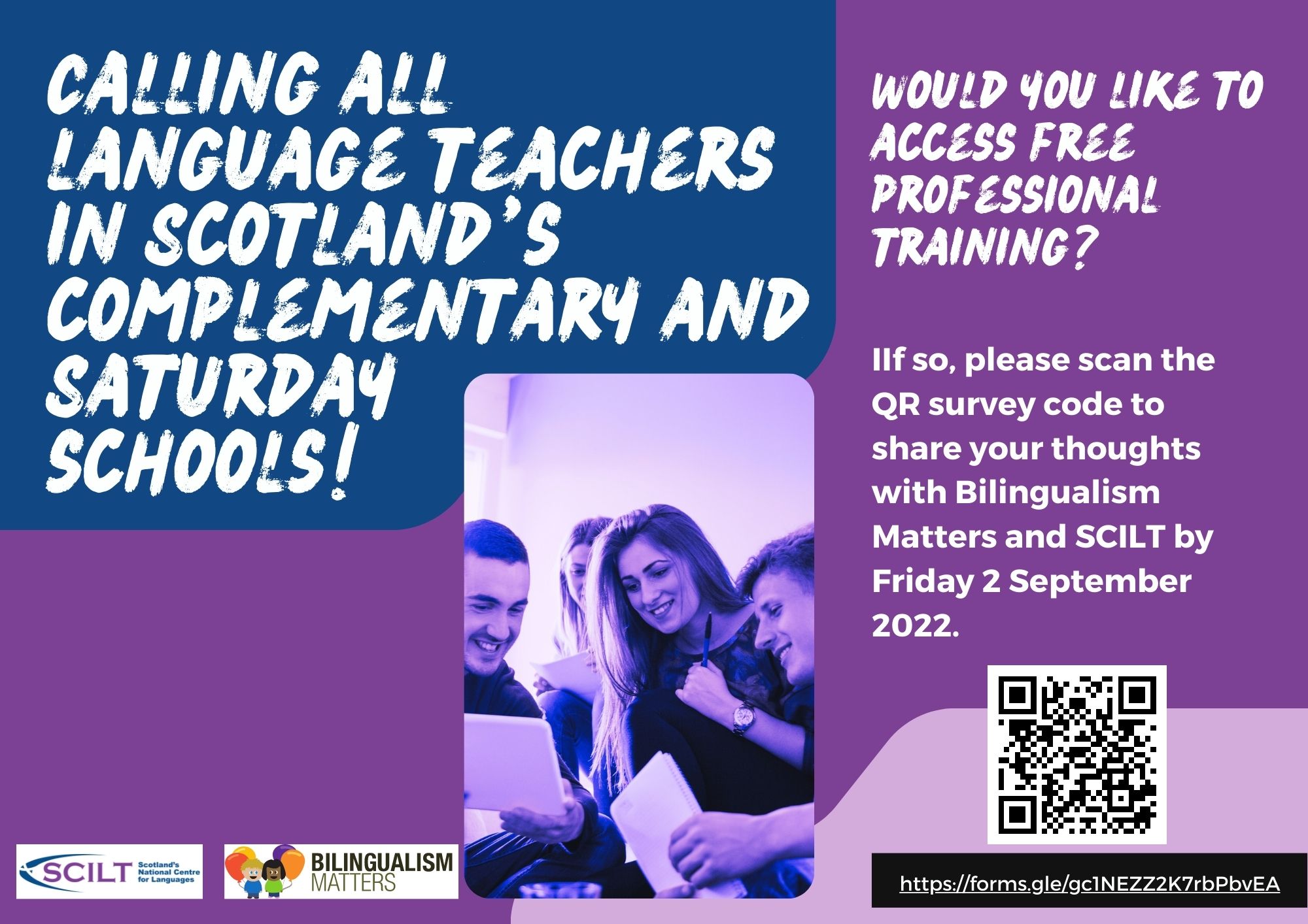 flyer promoting professional learning opportunity for language teachers in Scotland's complementary and Saturday schools